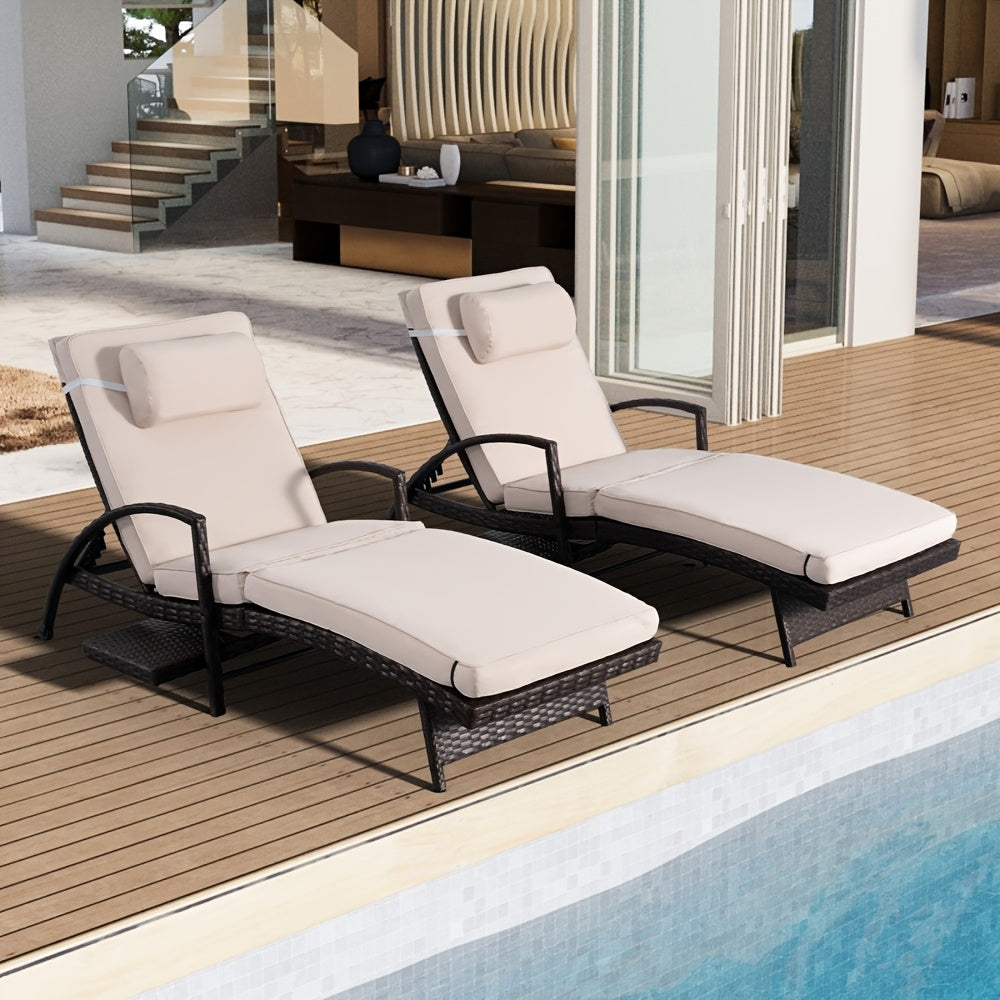 Set Of 2 Chaise Lounge Chairs for Sunbathing, Relaxing, 6-Position Adjustable Outdoor Recliner with Side Table & Wheel, All-Weather PE Rattan Wicker Patio Lounge Chair with Removable Cushion for Poolside Backyard Beach