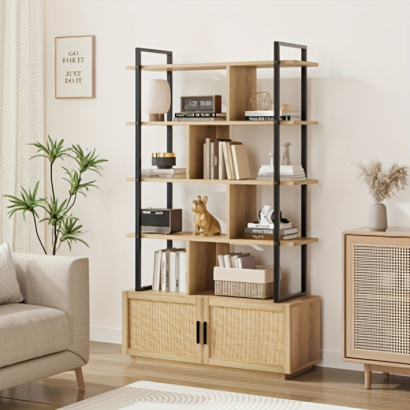 5-Tier Rattan Bookshelf With Storage Cabinet & Doors, 71.1-Inch Tall Industrial Bookcase With Open Shelves, 5-Shelf Display Unit With Metal Frame For Living Room And Bedroom