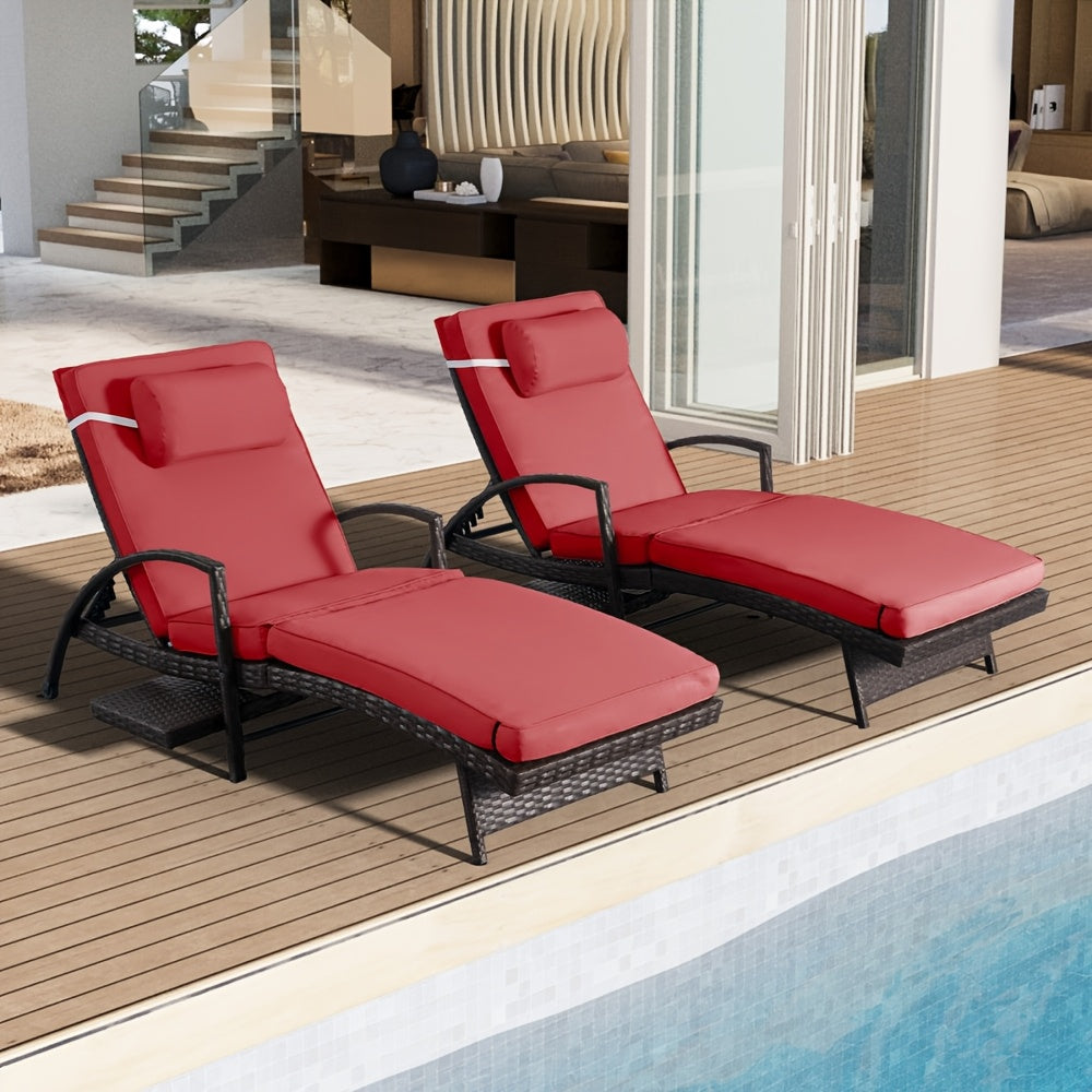 Set Of 2 Chaise Lounge Chairs for Sunbathing, Relaxing, 6-Position Adjustable Outdoor Recliner with Side Table & Wheel, All-Weather PE Rattan Wicker Patio Lounge Chair with Removable Cushion for Poolside Backyard Beach