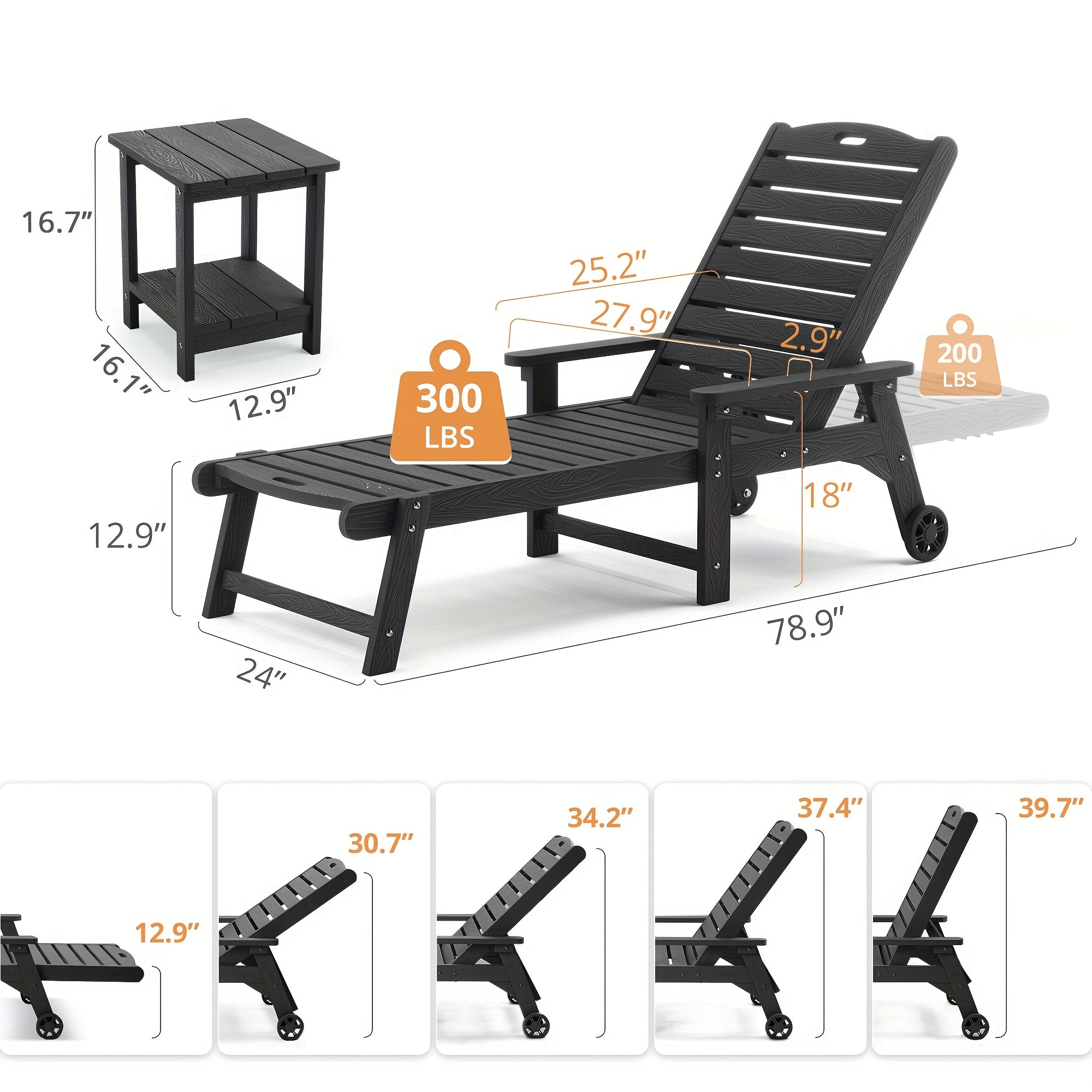 Outdoor Chaise Lounge, HDPS Material, Patio Lounge Chair with Adjustable Backrest, Resin Pool Lounge Chairs with Wheels for Outside, Poolside, Backyard, Garden