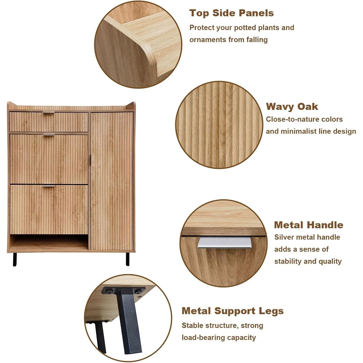 Shoe Storage Cabinet in Oak Narrow Design with Wave Pattern, Includes Double Trays, One Drawer, And Robust Metal Legs for Organizing Your Entryway