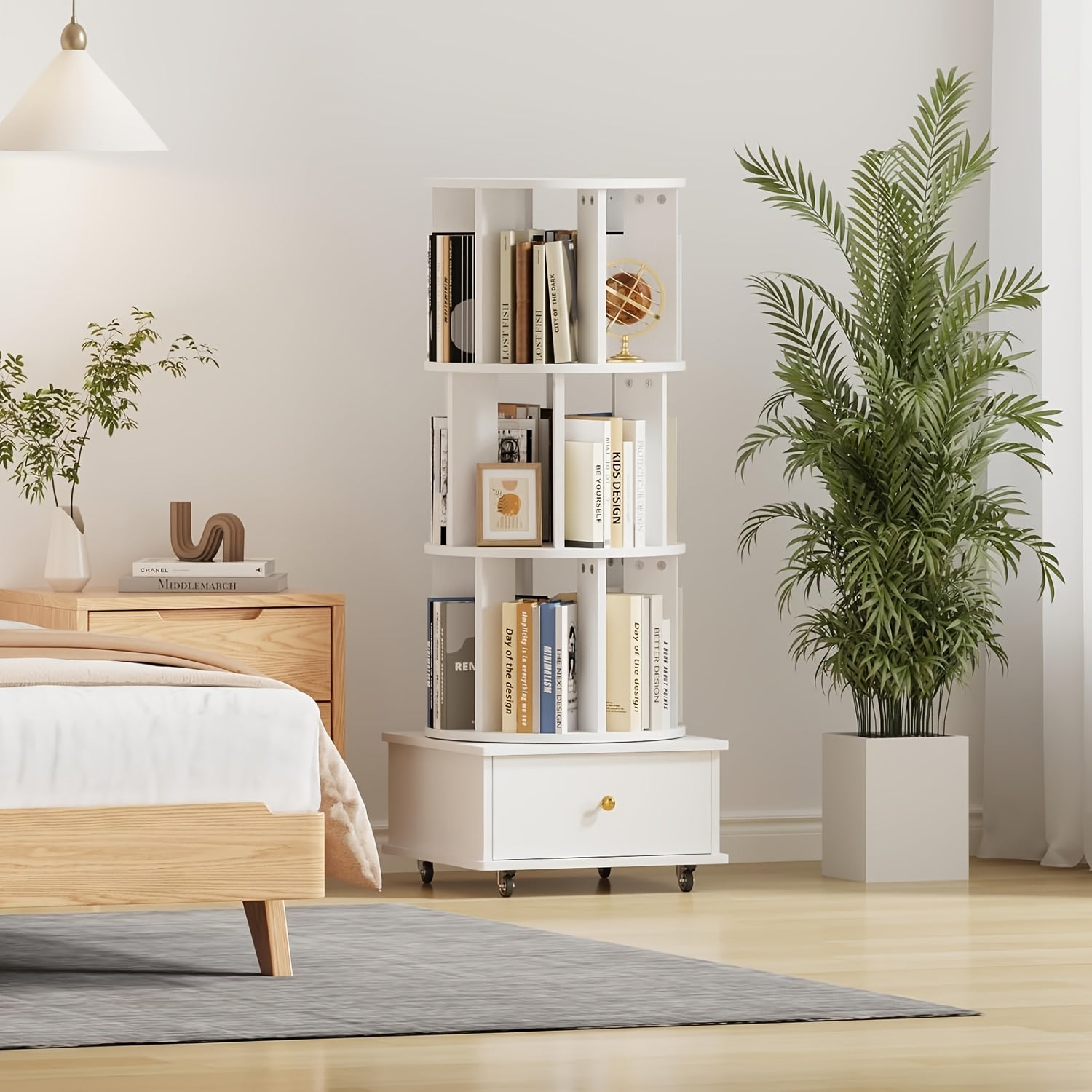 Three-Level Rotating Bookcase with Drawers on Wheels, 360-Degree Spinning Corner Shelf, Sturdy Wooden Storage Tower for Adults, Slim Organizer for Bedroom, Home Office, And Study Area