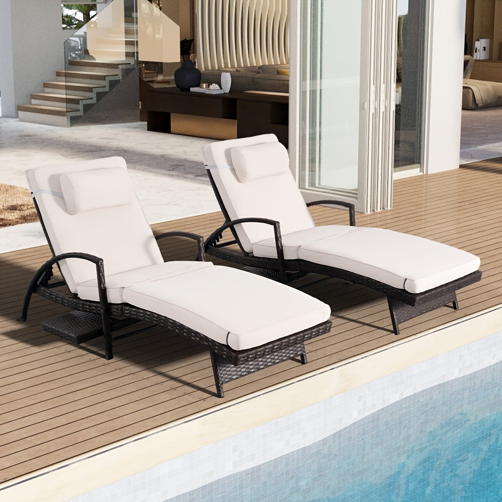Set Of 2 Chaise Lounge Chairs for Sunbathing, Relaxing, 6-Position Adjustable Outdoor Recliner with Side Table & Wheel, All-Weather PE Rattan Wicker Patio Lounge Chair with Removable Cushion for Poolside Backyard Beach