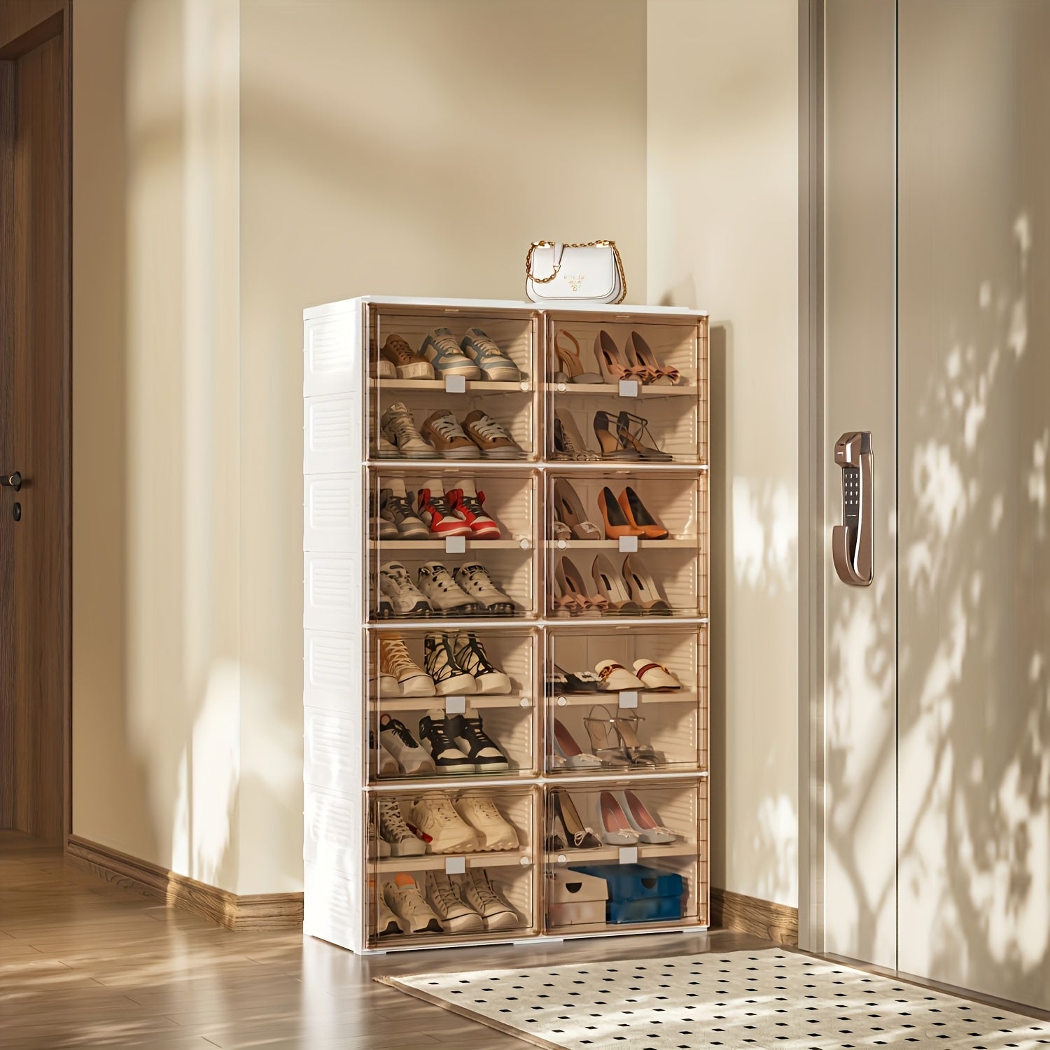 Entryway Door Storage Organizer, No-Installation Folding Shoe Cabinet, 5-Tier Holds 20 Pairs of Shoes, Magnetic Transparent Door with Dust-Proof Closure, Durable Plastic Material, Large Capacity with Multiple Sizes to Meet Family Needs