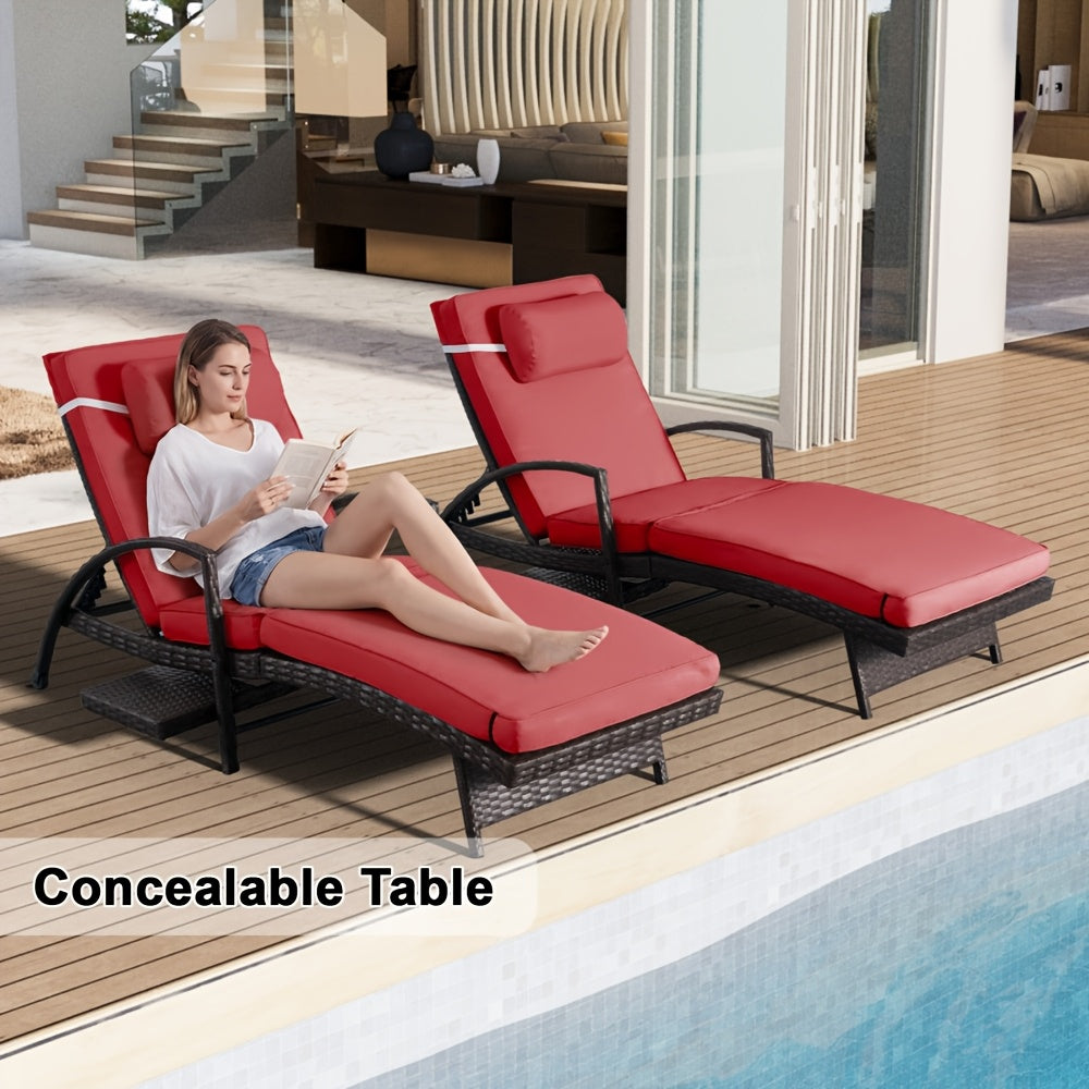 Set Of 2 Chaise Lounge Chairs for Sunbathing, Relaxing, 6-Position Adjustable Outdoor Recliner with Side Table & Wheel, All-Weather PE Rattan Wicker Patio Lounge Chair with Removable Cushion for Poolside Backyard Beach