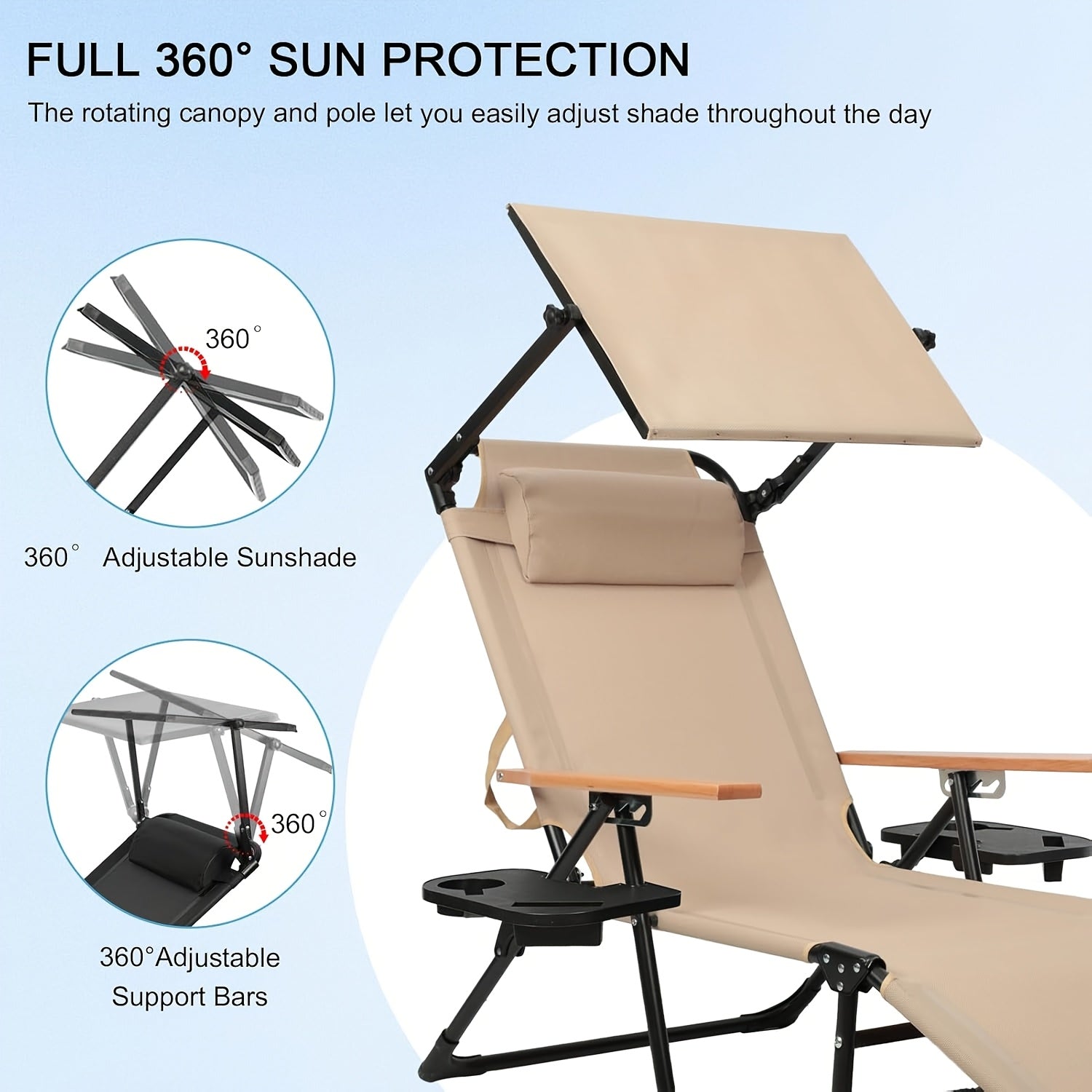 Folding Lounge Chairs for Outside, Beach Patio Lounge Chair with Canopy, Sunbathing\u002FTanning Chair with 4 Adjustable Backrest & Cup & Pillow, Holds 330 Lb, Outdoor Garden Pool