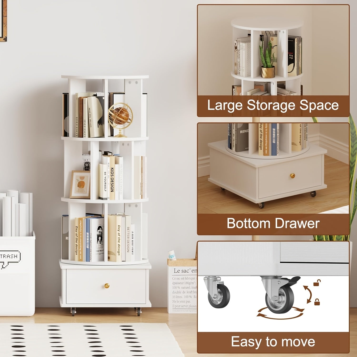 Three-Level Rotating Bookcase with Drawers on Wheels, 360-Degree Spinning Corner Shelf, Sturdy Wooden Storage Tower for Adults, Slim Organizer for Bedroom, Home Office, And Study Area