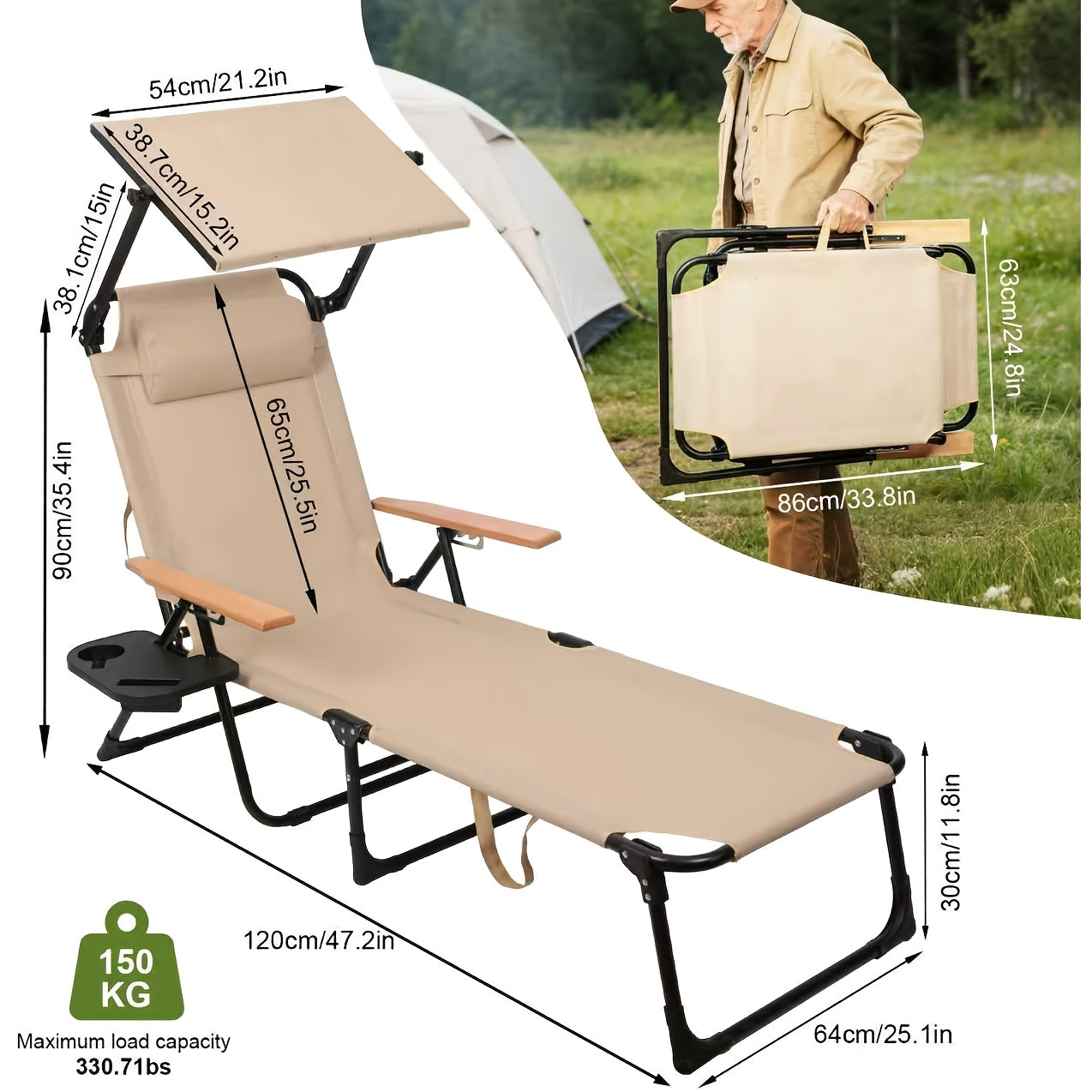 Folding Lounge Chairs for Outside, Beach Patio Lounge Chair with Canopy, Sunbathing\u002FTanning Chair with 4 Adjustable Backrest & Cup & Pillow, Holds 330 Lb, Outdoor Garden Pool