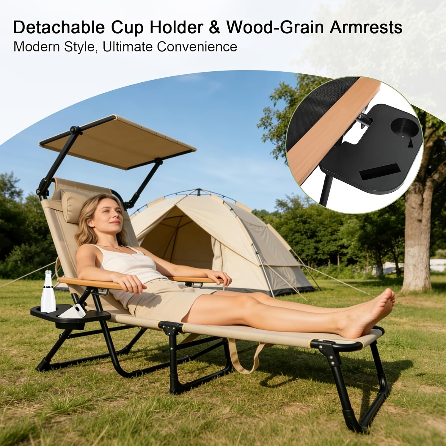 Folding Lounge Chairs for Outside, Beach Patio Lounge Chair with Canopy, Sunbathing\u002FTanning Chair with 4 Adjustable Backrest & Cup & Pillow, Holds 330 Lb, Outdoor Garden Pool