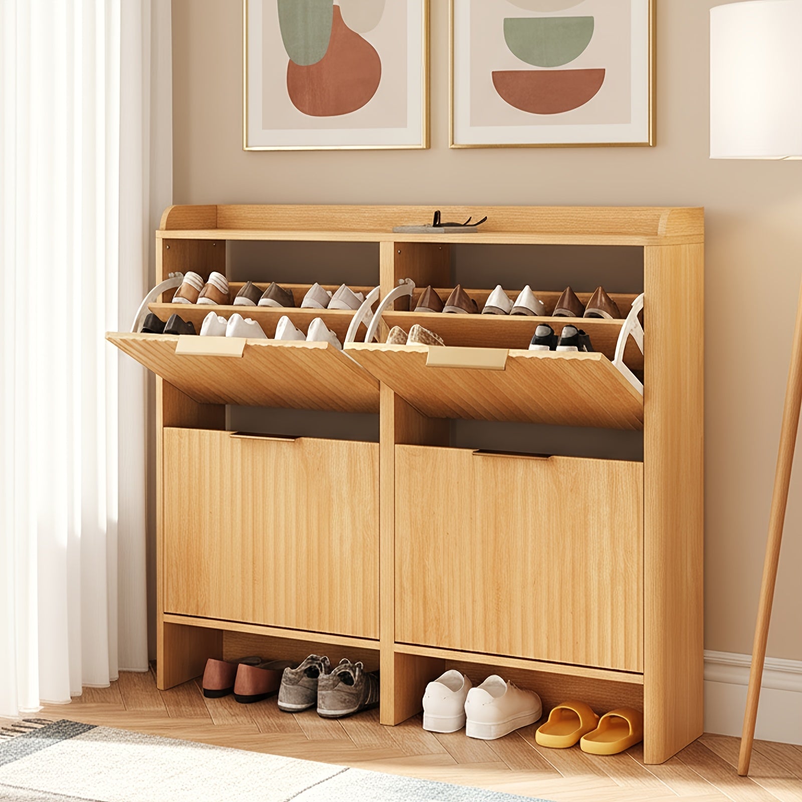 Bonnlo Large Shoe Storage Cabinet with 4 Flip Drawers, Wood Fluted Slim Shoe Organizer with Unique Curved Side Panels, High Capacity Shoe Rack for Hallway Entryway