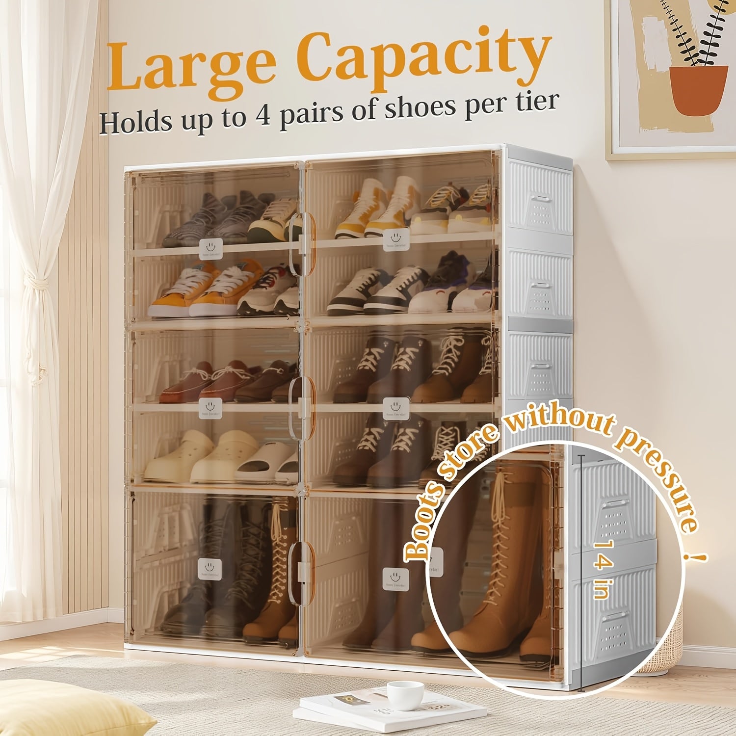 KERDOM Foldable Shoes Rack Storage Cabinet with Clear Doors - Collapsible Stackable Large Capacity 16-40 Shoes Organizer for Boots, Sneakers, Easy Set Up, Portable Shoes Boxes Container Shelf with Cover 16-40 Pairs for Closet, Entryway, Tall Shoes