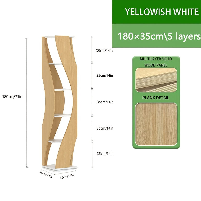 5-Tier Rotating Bookshelf with Corner Shelves - Space-Saving Turnable Bookcase Suitable for Small Spaces, Softwood Freestanding Storage Tower, Modern Rotating Shelves for Home, Office,, Assembly, Wood Color (No)