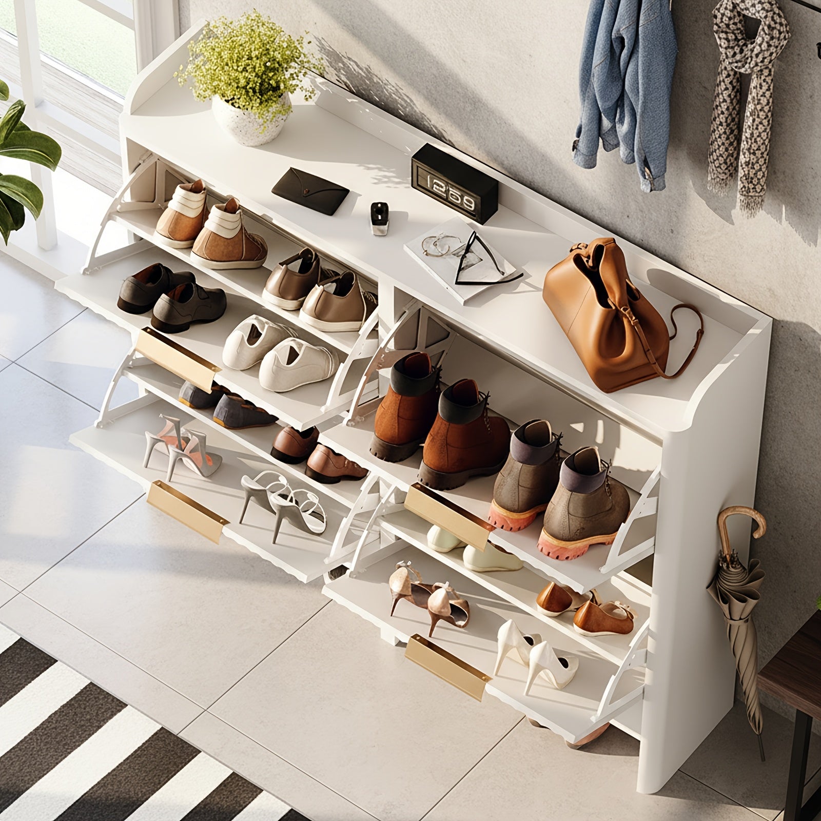 Bonnlo Large Shoe Storage Cabinet with 4 Flip Drawers, Wood Fluted Slim Shoe Organizer with Unique Curved Side Panels, High Capacity Shoe Rack for Hallway Entryway