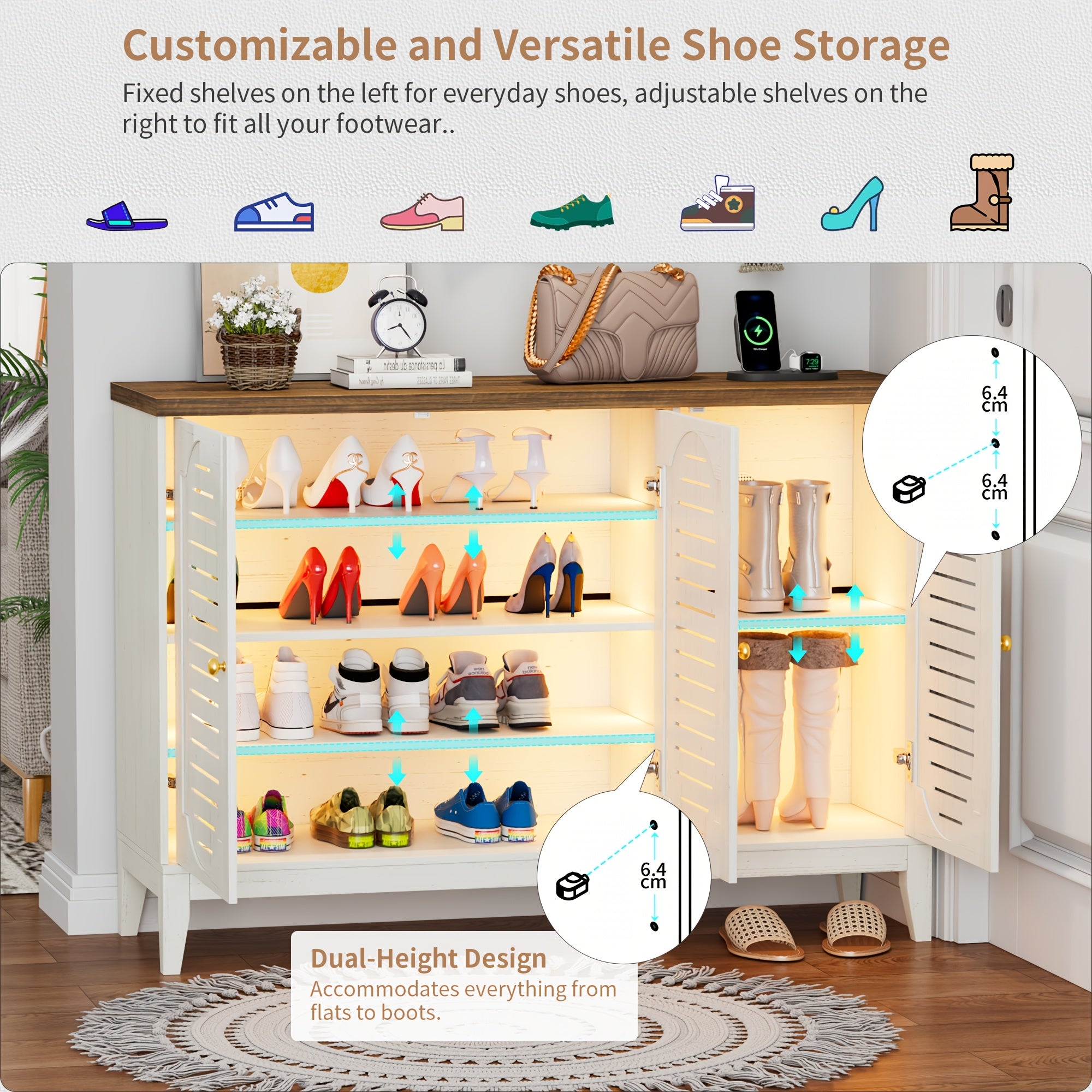 HWB Shoe Storage Unit Featuring 3 Color LED Lighting, Standalone Shoe Organizer with Legs, Compact Shoe Cabinet Ideal for Entryways, Hallways, And Bedrooms