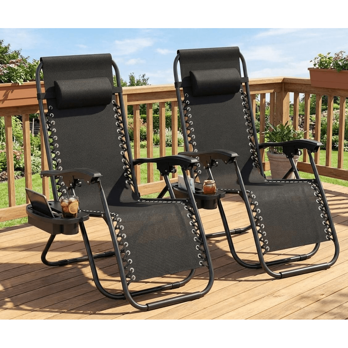 2pcs Chair Set, Outdoor Patio Lounge Chairs with Pillow And Cup Holder Tray, Adjustable Reclining Folding Portable Chairs for Camping, Deck, Beach, Yard And Garden