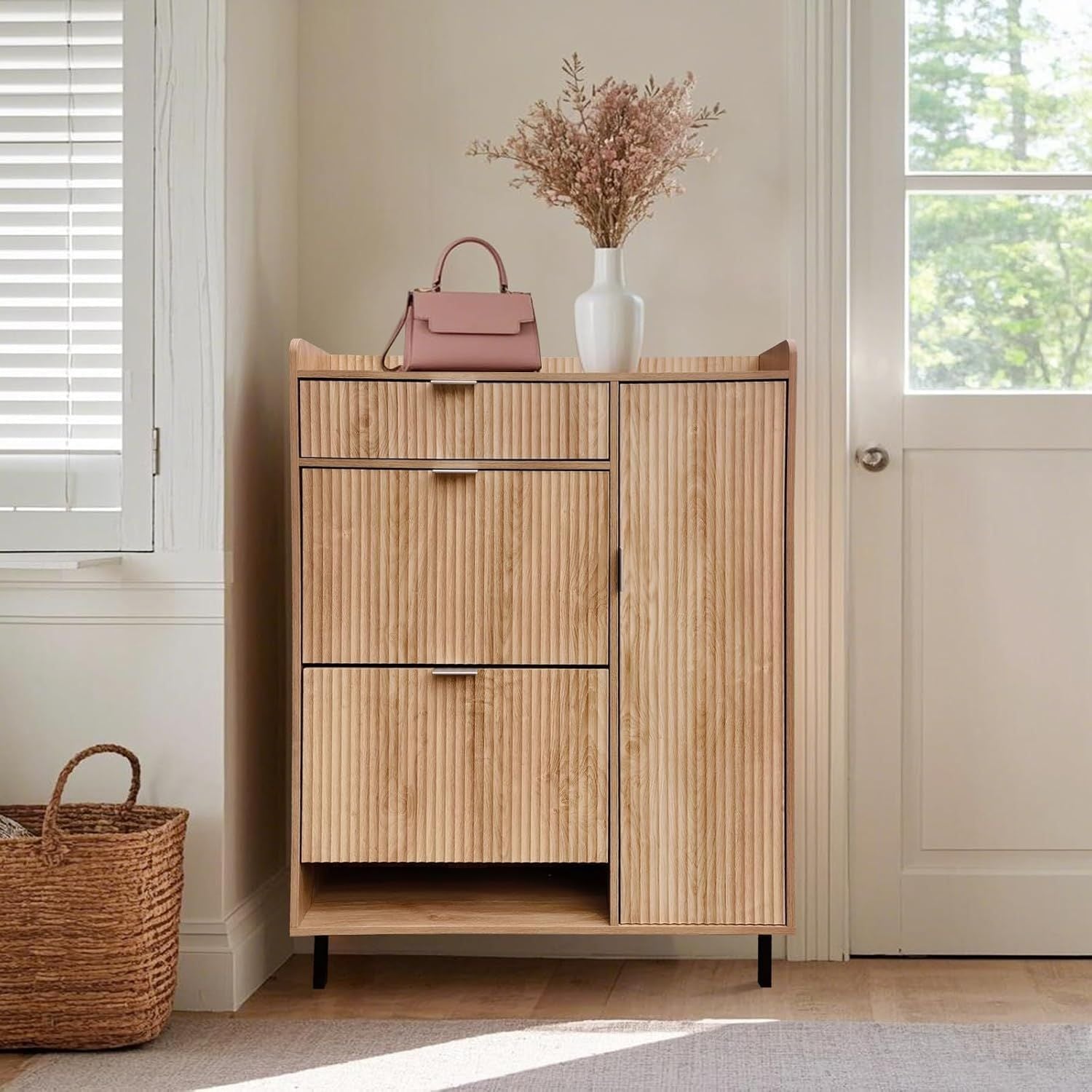 Shoe Storage Cabinet in Oak Narrow Design with Wave Pattern, Includes Double Trays, One Drawer, And Robust Metal Legs for Organizing Your Entryway