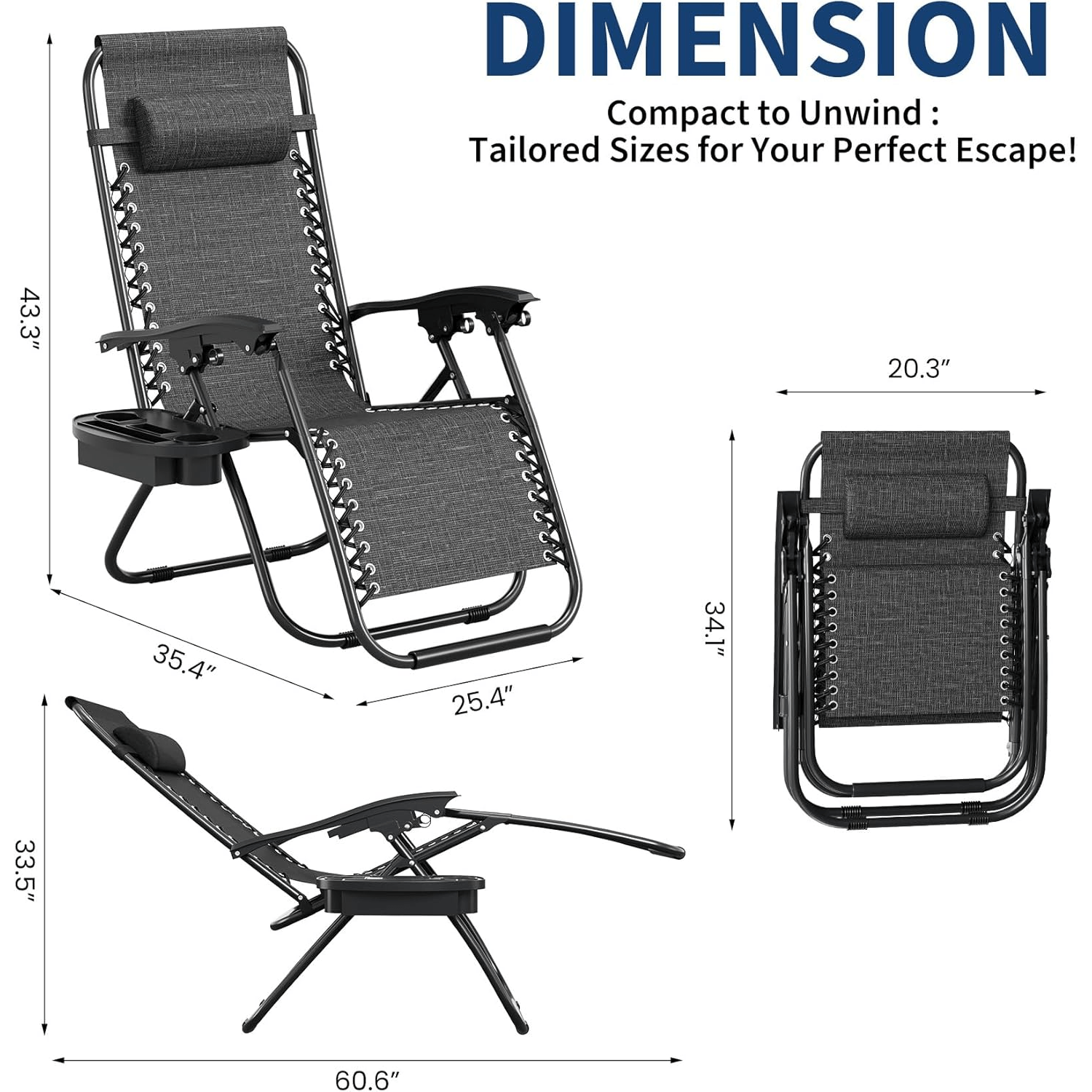 2pcs Chair Set, Outdoor Patio Lounge Chairs with Pillow And Cup Holder Tray, Adjustable Reclining Folding Portable Chairs for Camping, Deck, Beach, Yard And Garden