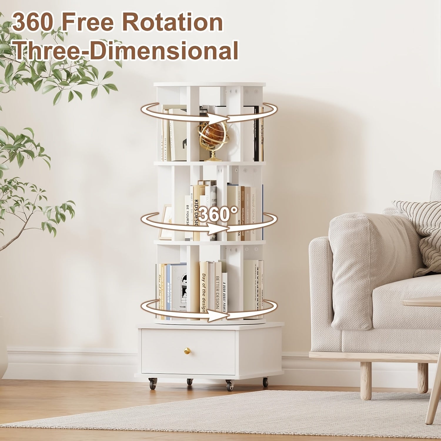 Three-Level Rotating Bookcase with Drawers on Wheels, 360-Degree Spinning Corner Shelf, Sturdy Wooden Storage Tower for Adults, Slim Organizer for Bedroom, Home Office, And Study Area