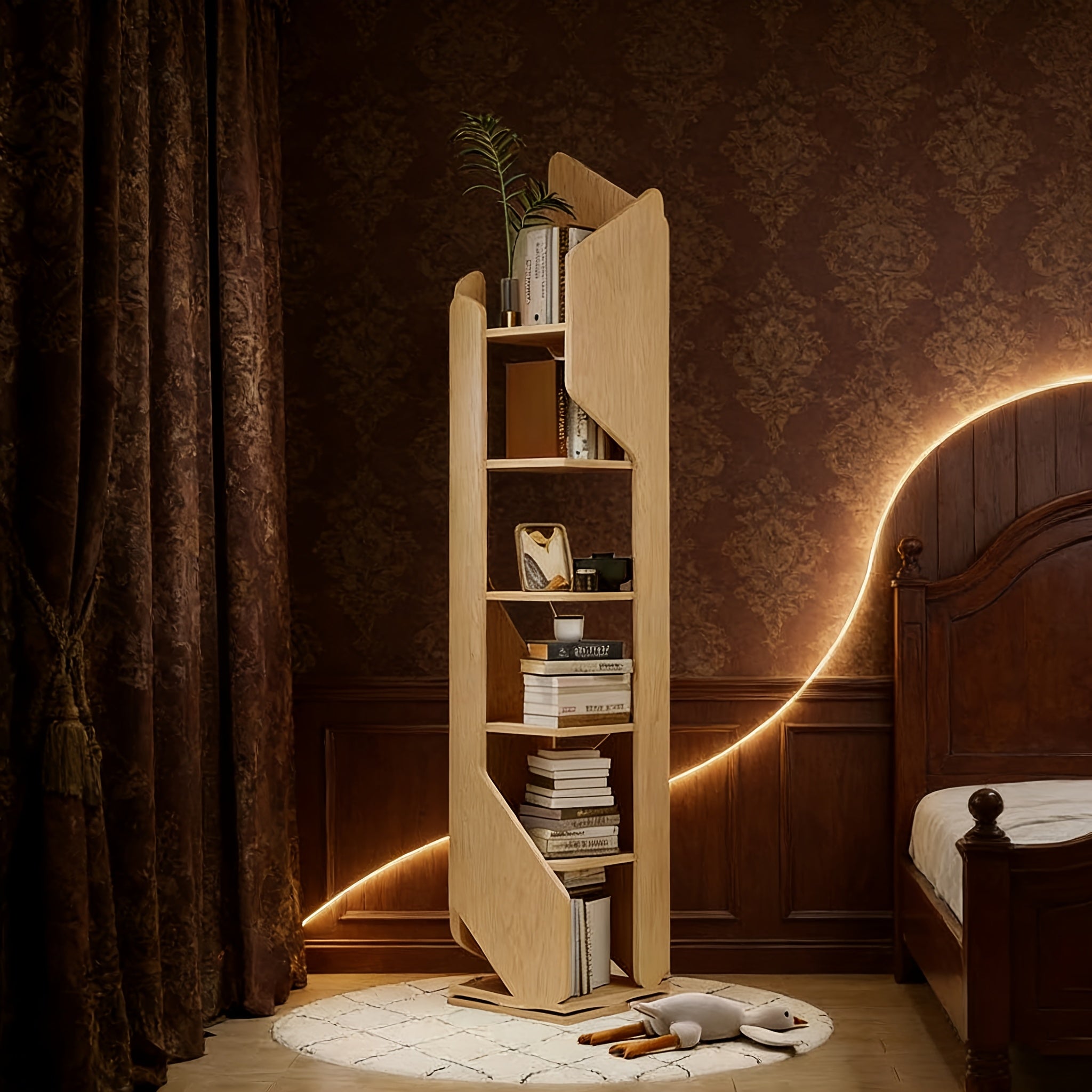 5-Tier Rotating Bookshelf with Corner Shelves - Space-Saving Turnable Bookcase Suitable for Small Spaces, Softwood Freestanding Storage Tower, Modern Rotating Shelves for Home, Office,, Assembly, Wood Color (No)