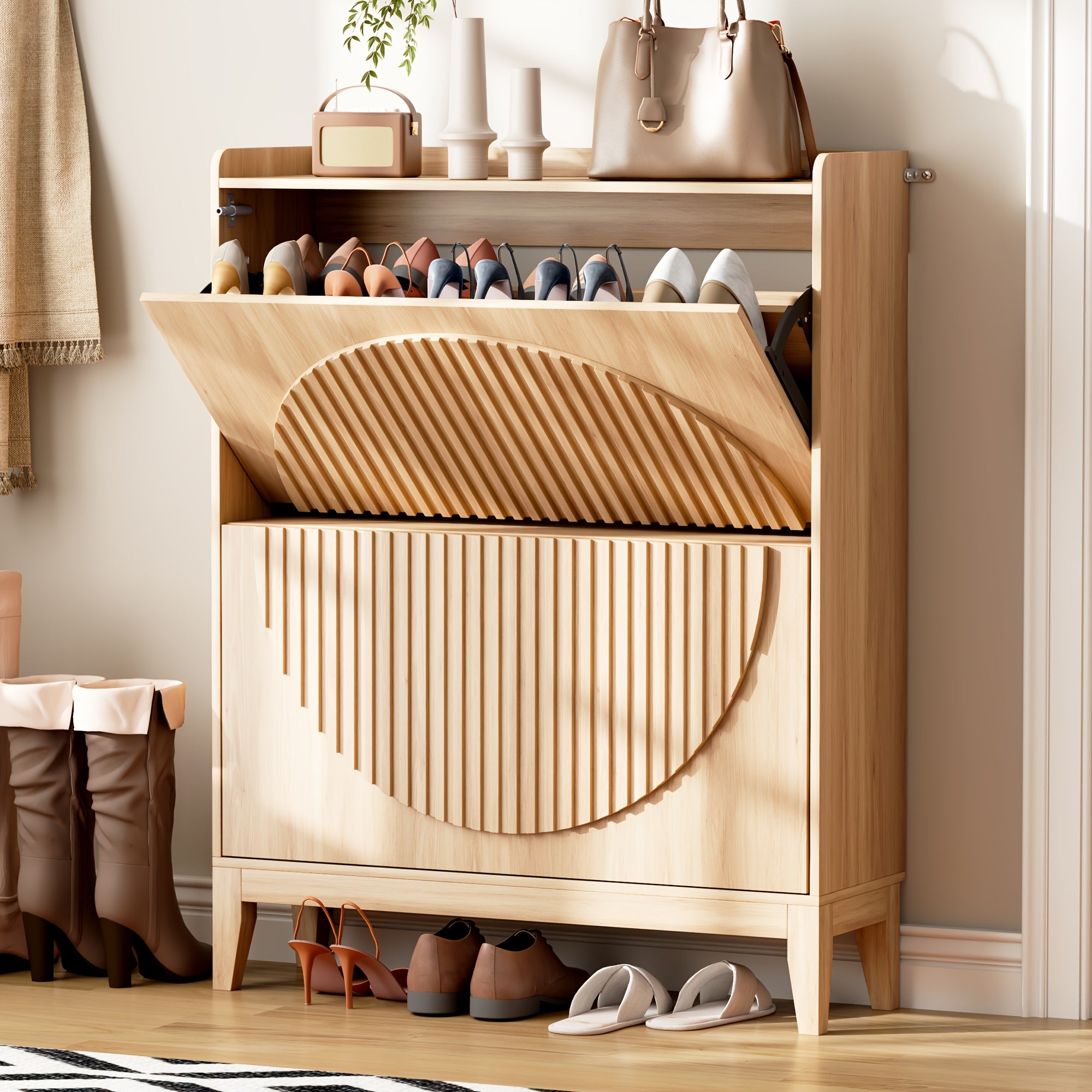 HWB Shoe Storage Unit Featuring 3 Color LED Lighting, Standalone Shoe Organizer with Legs, Compact Shoe Cabinet Ideal for Entryways, Hallways, And Bedrooms