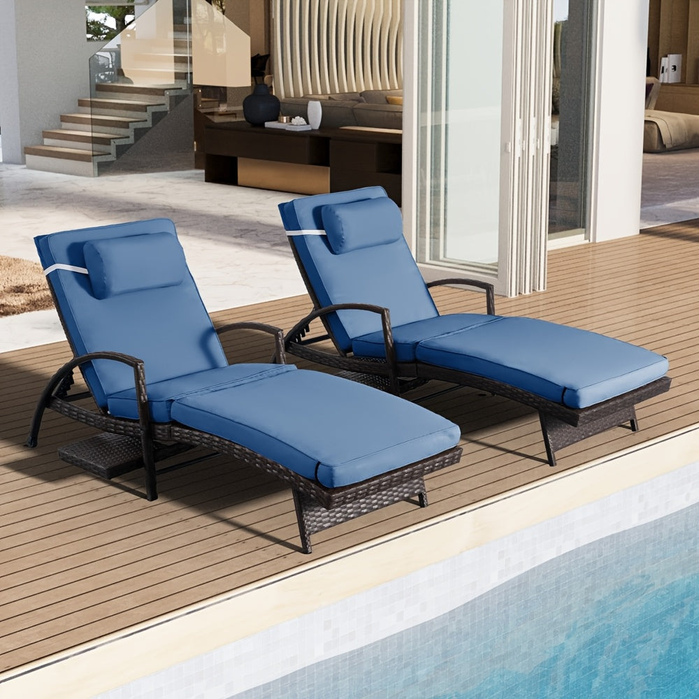 Set Of 2 Chaise Lounge Chairs for Sunbathing, Relaxing, 6-Position Adjustable Outdoor Recliner with Side Table & Wheel, All-Weather PE Rattan Wicker Patio Lounge Chair with Removable Cushion for Poolside Backyard Beach