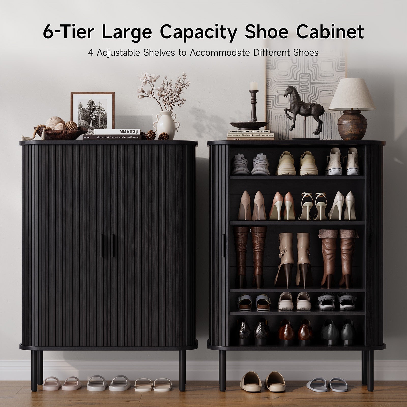 PAZCASA 6-Tier Shoe Cabinet with Sliding Door, Wooden Shoe Storage Cabinet with Adjustable Shelves, Mid-Century Modern Freestanding Shoe Storage Organizer for Entryway, Hallway, Living Room, Walnut